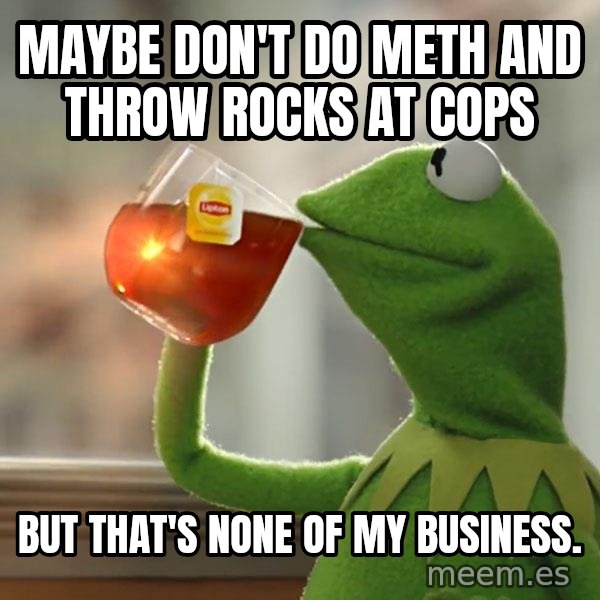 Kermit The Frog Drinking Tea meme: Maybe don't do meth and throw rocks at cops / But that's none of my business.