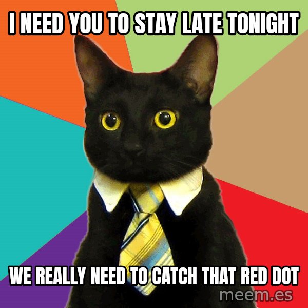 Business Cat meme: I Need You to Stay Late Tonight / We Really Need to Catch That Red Dot