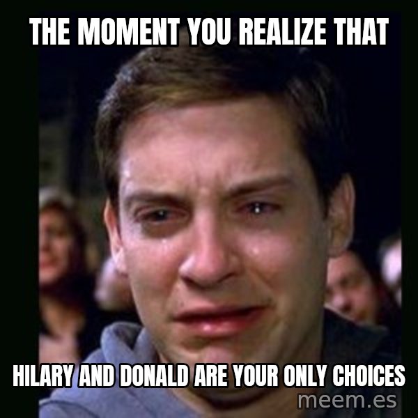 crying peter parker meme: The moment you realize that / Hilary and Donald are your only choices
