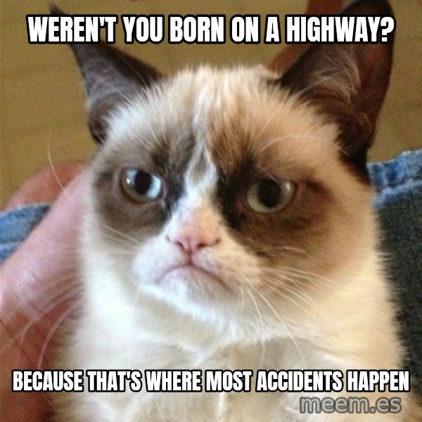 Grumpy Cat  meme: weren't you born on a highway? / because that's where most accidents happen