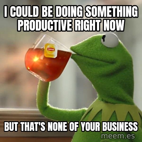 Kermit The Frog Drinking Tea meme: I Could be doing something productive right now / But that's None of your business