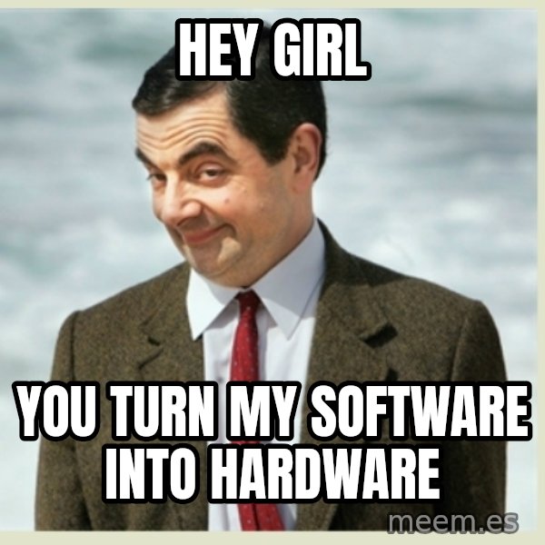 MR bean meme: hey girl / you turn my software into hardware