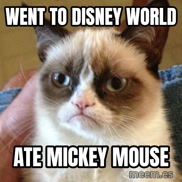 Grumpy Cat  meme: Went to disney world / ate mickey mouse