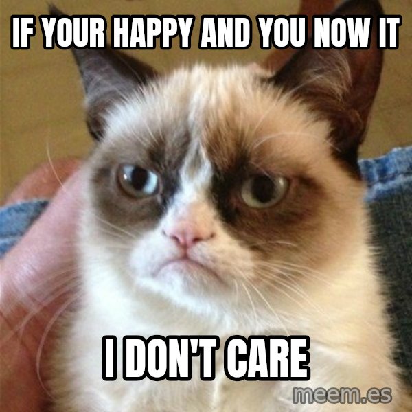Grumpy Cat  meme: If your happy  and you now it / I don't care