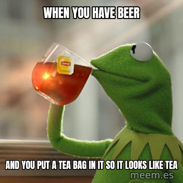 Kermit The Frog Drinking Tea meme: when you have beer / and you put a tea bag in it so it looks like tea