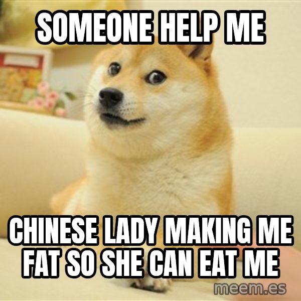so doge meme: someone help me / chinese lady making me fat so she can eat me