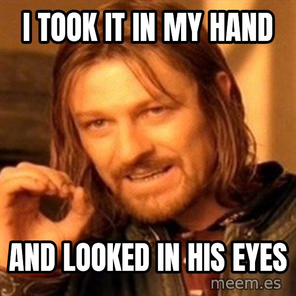 One Does Not Simply meme: i took it in my hand / and looked in his eyes