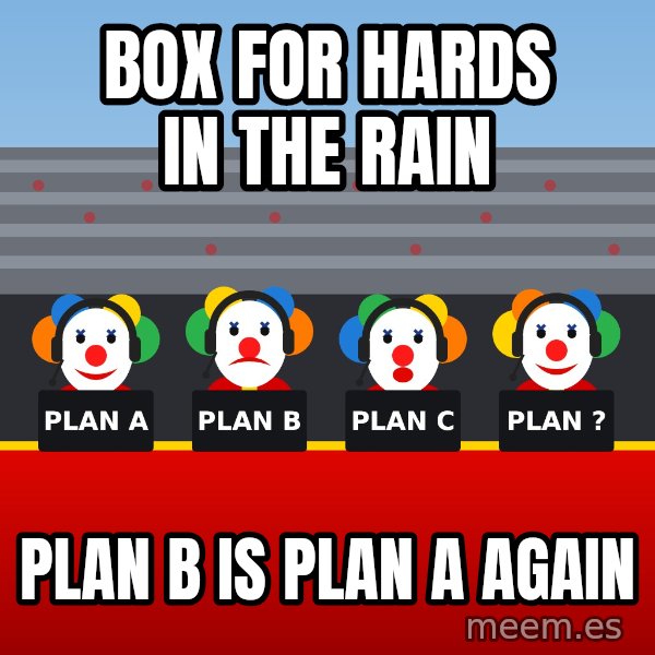 Ferrari Clown Pit Wall meme: Box for hards in the rain / Plan B is plan A again