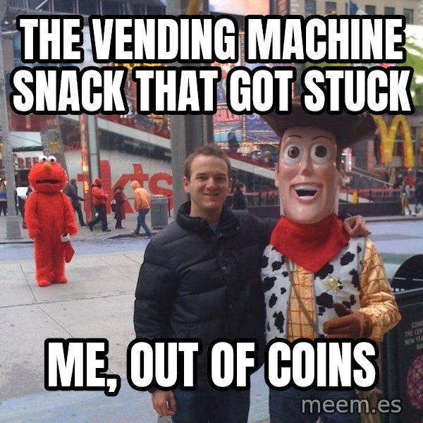 Devastated Elmo meme: The vending machine snack that got stuck / Me, out of coins