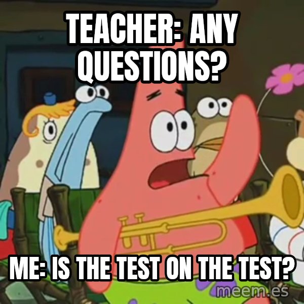 Is Mayonnaise an Instrument? meme: Teacher: any questions? / Me: is the test on the test?