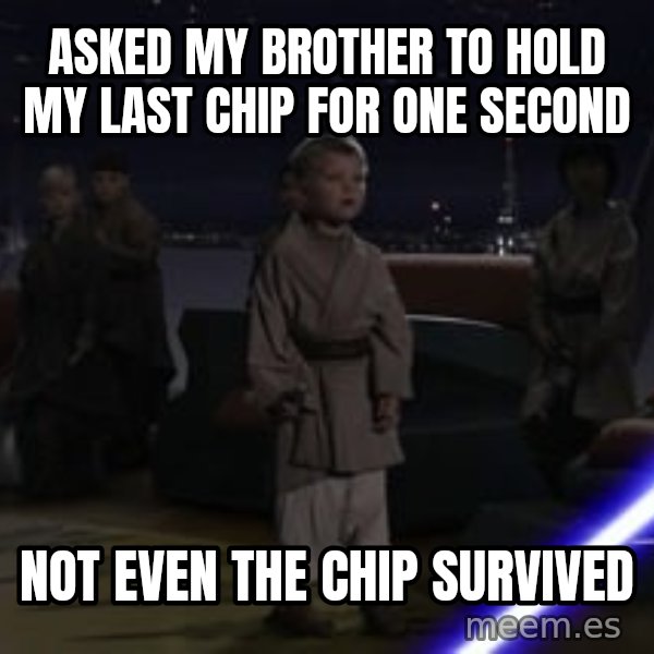 Master Skywalker, There Are Too Many of Them (Younglings) meme: Asked my brother to hold my last chip for one second / Not even the chip survived