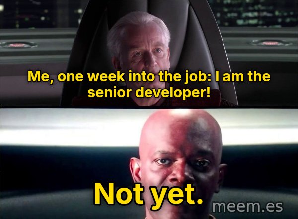 I Am the Senate meme: Me, one week into the job: I am the senior developer! / Not yet.