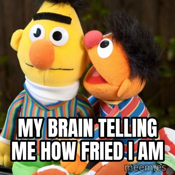 Ernie Whispers To Bert meme: My brain telling me how fried I am