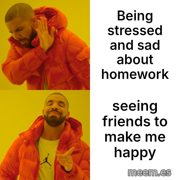 Drake Hotline Bling meme: Being stressed and sad about homework / seeing friends to make me happy